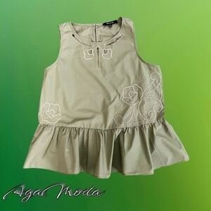 Madewell Khaki Embroidered Top with Ruffled Hem